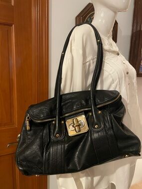 Black Leather Satchel Handbag with Gold Hardware